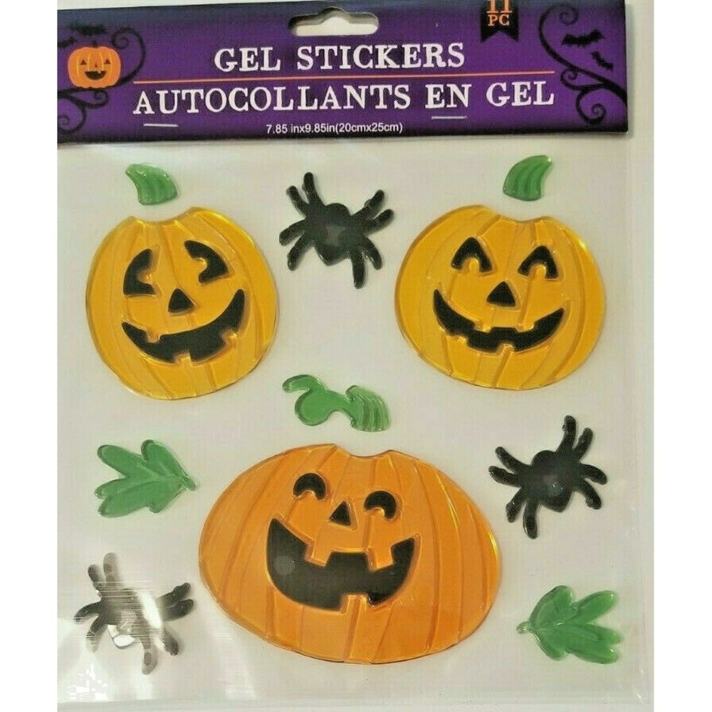 NEW HALLOWEEN 11 pc Window Gel Clings Decoration Jack-o-Lantern Pumpkins Spiders